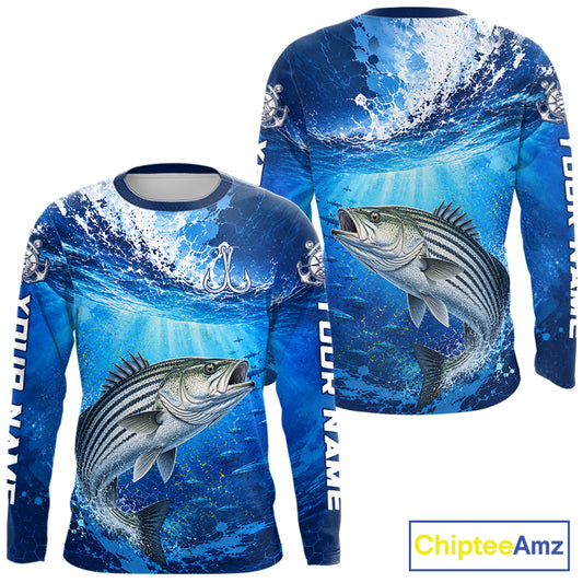 Striped Bass Fishing Jersey Ocean Blue 3D All Over Print Long Sleeve Performance Shirt