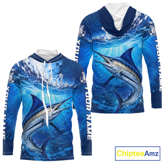 Marlin Fishing Jersey Ocean Blue 3D All Over Print Long Sleeve Hooded Performance Shirt NHT1085