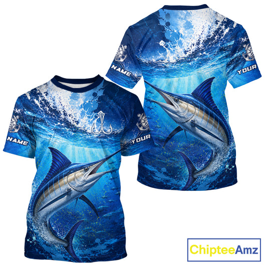 Marlin Short Sleeve T-Shirt Ocean Blue 3D All Over Print Performance Shirt