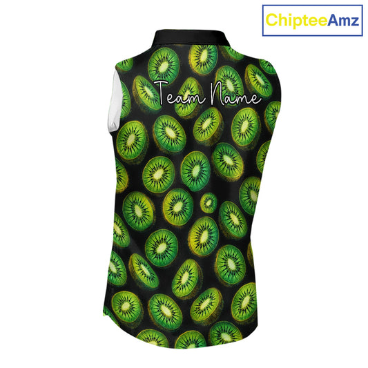 Funny Colorful Kiwi In Dark Womens Sleeveless Golf Polo Shirt, Funny Fruit Pattern Polo Top NHT579