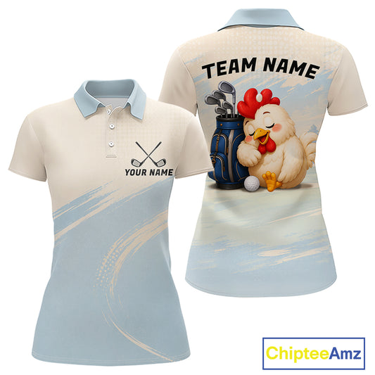 Funny Chicken Golf Polo Shirt for Womens Personalized Custom Name Blue Golf Polo
