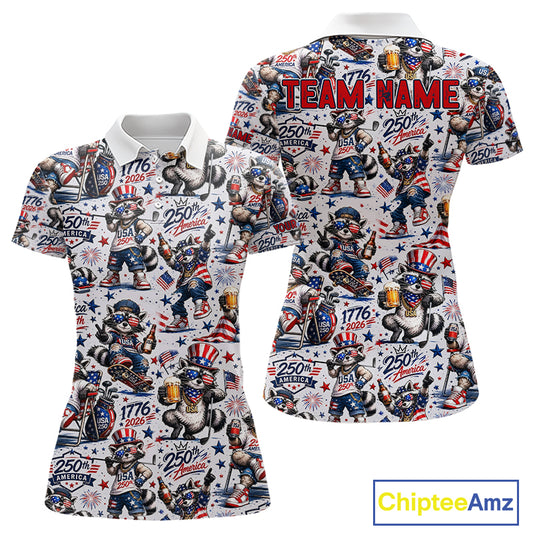 Funny Patriotic Raccoon Personalized Women's Golf Polo Shirt- America 250 Years Golf Gift