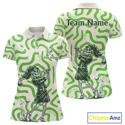 Personalized Funny Skeleton Womens Golf Polo Shirt Green Abstract Pattern Custom Golf Shirt For Team Name & Name NHT618