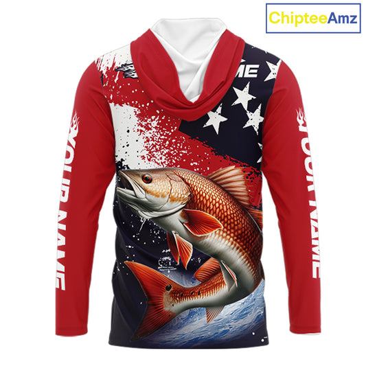 Personalized Redfish Fishing Jerseys, Custom American Flag Redfish Hooded Fishing Shirts Long Sleeve NHT490