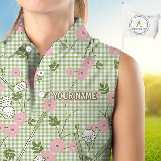 Floral Golf Womens Sleeveless Polo Shirt Personalized Gingham Golf Shirt Custom Name Cute Golf Outfit Golf Gift NHT688