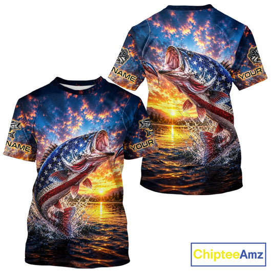 American Flag Bass Fishing Jersey – Patriotic Sunset Lake Angler T-Shirt For Men NHT1031