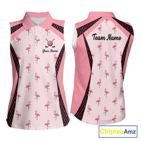 Custom Womens Sleeveless Flamingo Golf Polo, Personalized Pink Flamingo Golf Shirt With Name, Gift For Golfer NHT705