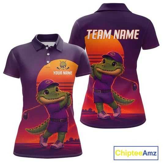 Personalized Alligator Golf Shirt - Retro Sunset Womens Golf Polo Shirt