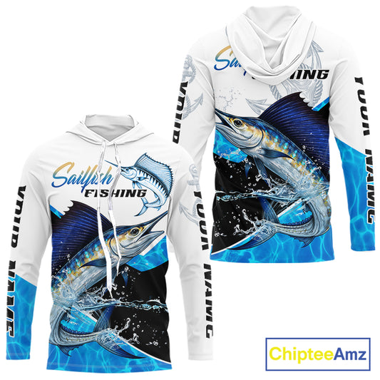 Custom Sailfish Saltwater Fishing Shirts Long Sleeve Hooded Designed For Deep Sea Anglers NHT1356