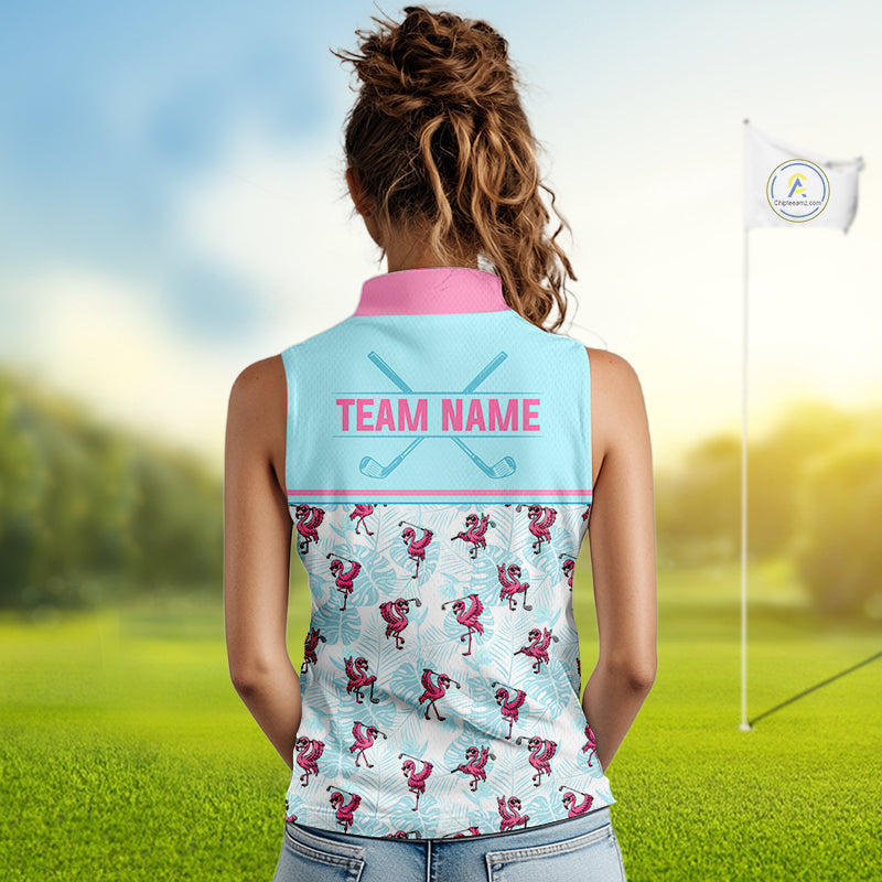 Custom Flamingo Womens Sleeveless Golf Polo Shirt Personalized Name Outfits Light Blue Pink Preppy Golf Shirt NHT1229