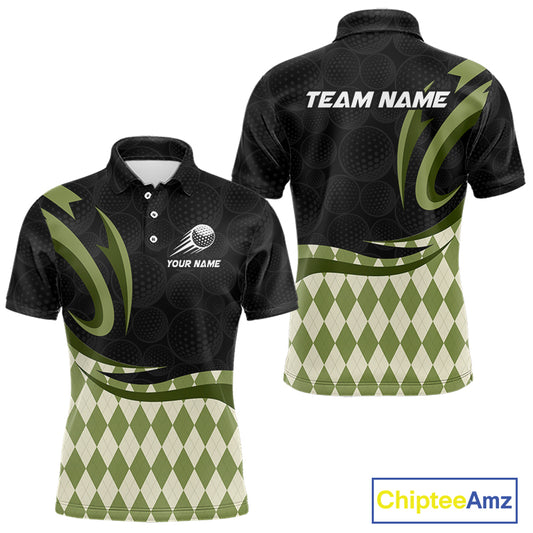 Personalized Mens Golf Polo Shirt Custom Name, Black Green Argyle Golf Team Polo