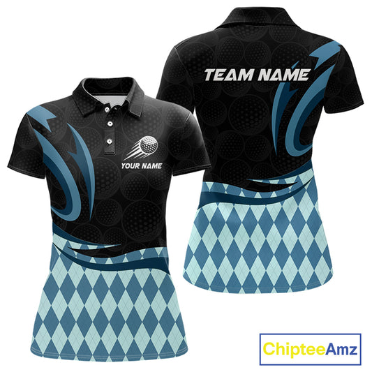 Personalized Womens Golf Polo Shirt Custom Name, Black Blue Argyle Golf Team Polo