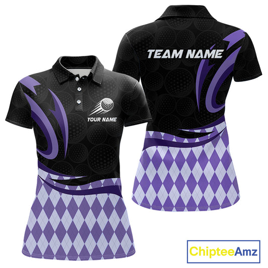 Personalized Womens Golf Polo Shirt Custom Name, Black Purple Argyle Golf Team Polo