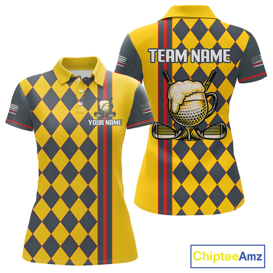 Personalized Womens Golf Polo Shirt Beer And Golf Ball Graphic Custom Team Name Golf Jersey|Yellow
