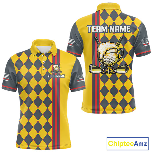 Personalized Mens Golf Polo Shirt Beer And Golf Ball Graphic Custom Team Name Golf Jersey|Yellow