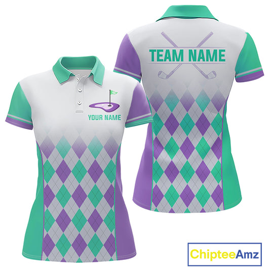 Argyle Pattern Golf Polo Shirts For Womens Custom Name, Golf Pattern Turquoise Purple Shirt Gifts NHT932