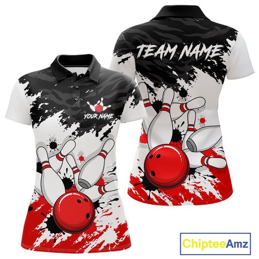 Front and back views of a short-sleeve polo shirt with a bowling theme. The shirt features a black and white splatter pattern on the upper body, white sleeves, and a graphic of bowling pins and a red bowling ball on the lower front.
