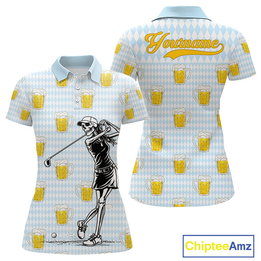 Funny Skull Golf Polo Shirts Beer Blue Argyle Pattern Custom Name Skull Playing Golf Apparel NBT629