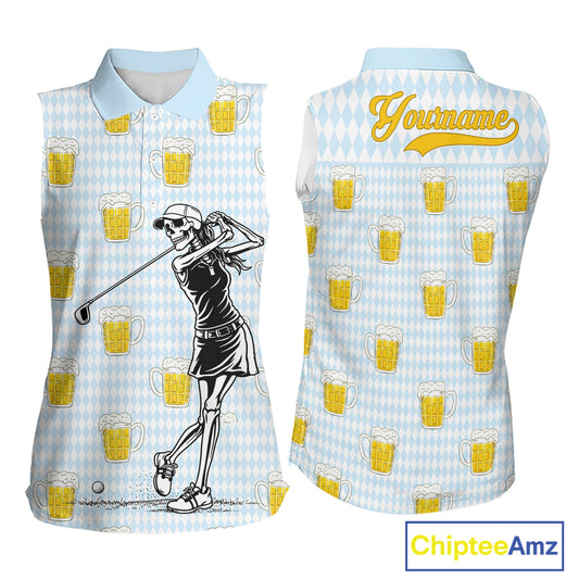 Funny Skull Womens Sleeveless Golf Polo Shirts Beer Blue Argyle Pattern Custom Name Skull Playing Golf Apparel NBT629