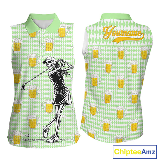 Funny Skull Womens Sleeveless Golf Polo Shirts Beer Green Argyle Pattern Custom Name Skull Playing Golf Apparel NBT630