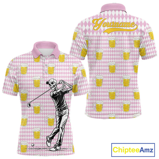 Funny Skull Golf Polo Shirts Beer Pink Argyle Pattern Custom Name Skull Playing Golf Apparel NBT631