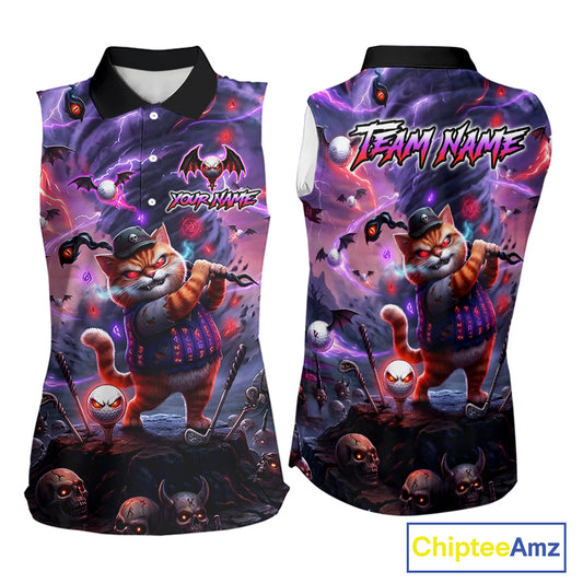 Personalized Sleeveless Women Golf Polo Shirts Angry Cat Golfer Gothic Lightning Theme Team Name Shirt NHT803