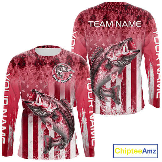 Custom Bass Fishing Shirt 3D Personalized Team Name Long Sleeve UV Protection Fishing Jersey|Red