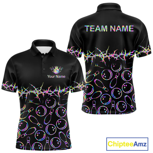 Black short-sleeve polo shirt shown from front and back on a white background, with bowling pins and bowling balls printed across the body and a holographic rainbow border. The front has a small bowling pin graphic and the text 'Your Name', while the back has 'TEAM NAME'.