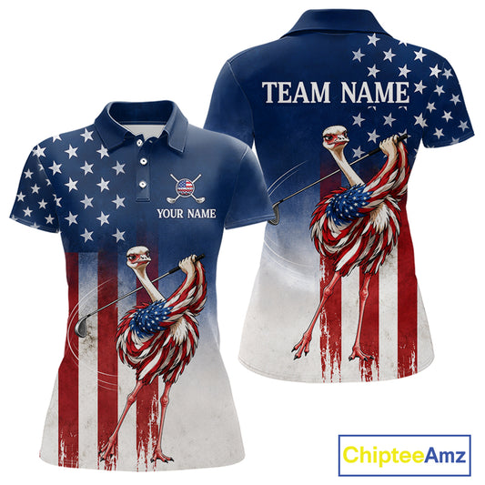 Custom American Flag Ostrich Womens Golf Polo Shirt – Funny Patriotic Golf Team Shirt Personalized Gift