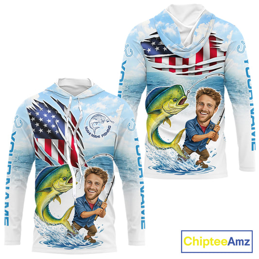 Personalized Mahi Mahi Fishing Shirts Long Sleeve Hooded Custom Face Mahi Mahi Fishing Patriot Shirt NHT606