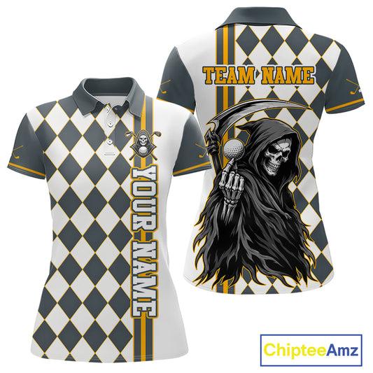 Polo shirt with grim reaper design and customizable text on a checkered pattern