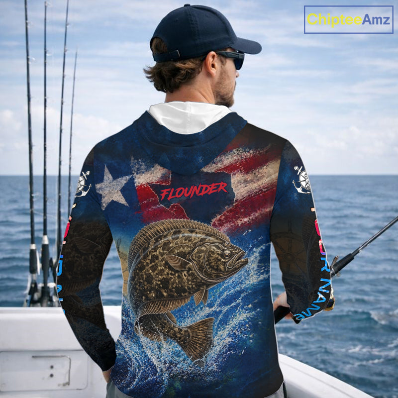 Texas Flag Flounder Long Sleeve Hooded Fishing Jersey, Flounder Saltwater Performance UV Shirt For Men