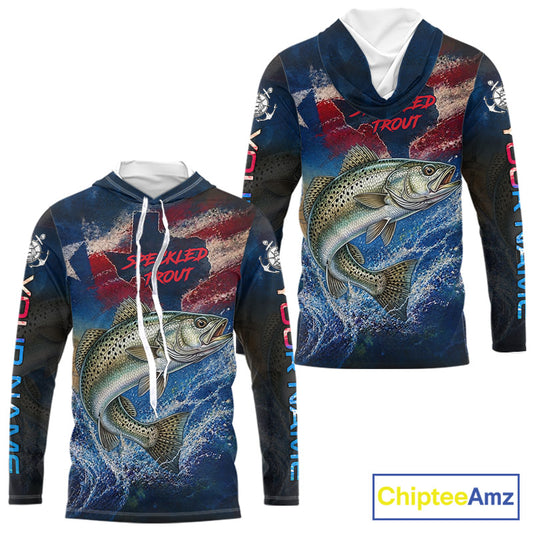 Texas Flag Speckled Trout Long Sleeve Hooded Fishing Jersey, Trout Saltwater Performance UV Shirt For Men