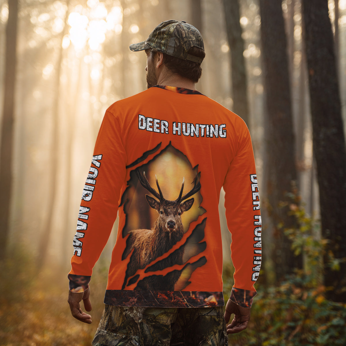 Deer Hunting Shirt Orange Forest Camo Hoodie, Long Sleeve Custom Name For Men NHT06