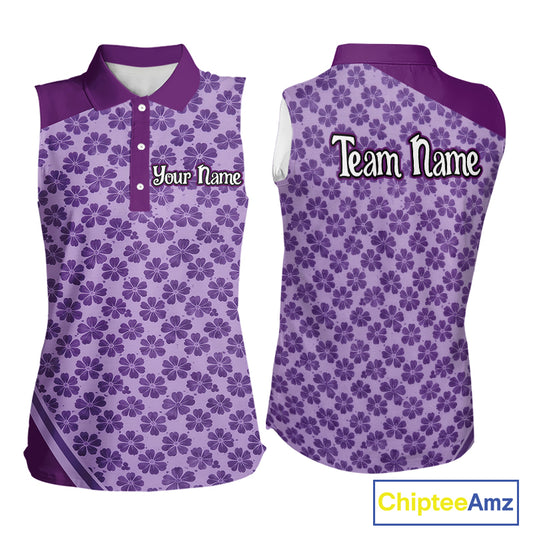 Custom Womens Sleeveless Purple Floral Golf Polo, Personalized Violet Flower Golf Shirt With Name NHT696