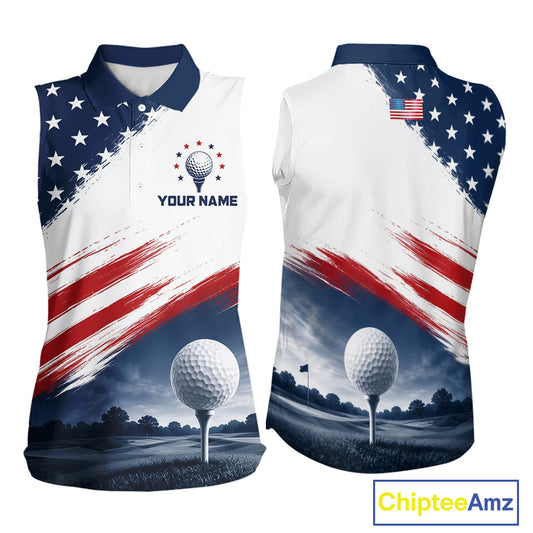 Patriotic American Flag Women's Sleeveless Golf Polo Shirt – Red White Blue Golf Apparel