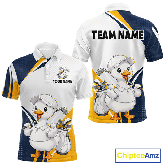 Front and back views of a custom polo shirt featuring a cartoon golf duck in a white cap and golf bag, with navy blue, white, and yellow color blocking. The front shows 'YOUR NAME' and the back shows 'TEAM NAME' placeholders.