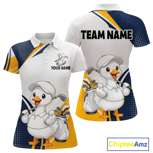 Customizable polo shirt mockup showing front and back views. The shirt features a white base with navy blue and yellow graphic panels, a cartoon duck golf player, and placeholder text 'TEAM NAME' and 'YOUR NAME'.