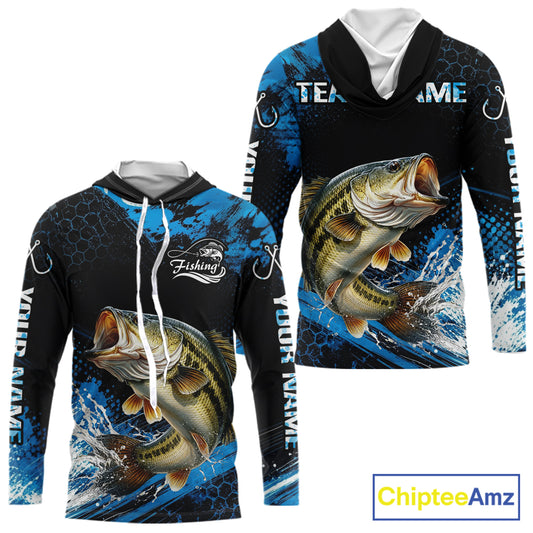Back view of custom bass hooded fishing shirt made from lightweight polyester with UPF 30+ sun protection.