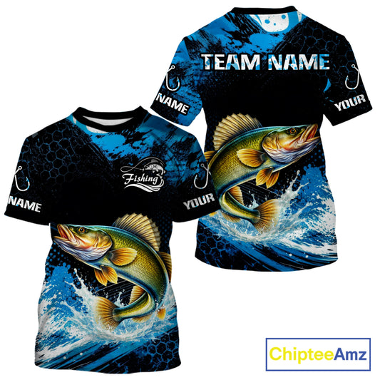 Back view of custom walleye fishing shirt made from breathable polyester with UPF 30+ sun protection.