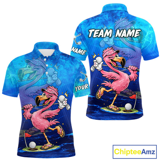 Custom blue and purple flamingo golf shirt shown from both front and back views, featuring a cartoon pink flamingo playing golf, with customizable text placeholders 'TEAM NAME' and 'NAME YOUR DESIGN'.