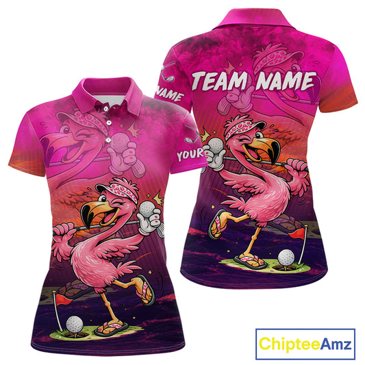A women's short-sleeve polo shirt shown from both front and back, featuring a vibrant pink and purple all-over golf-themed flamingo graphic with customizable text placeholders. The shirt has a pink collar and button placket.