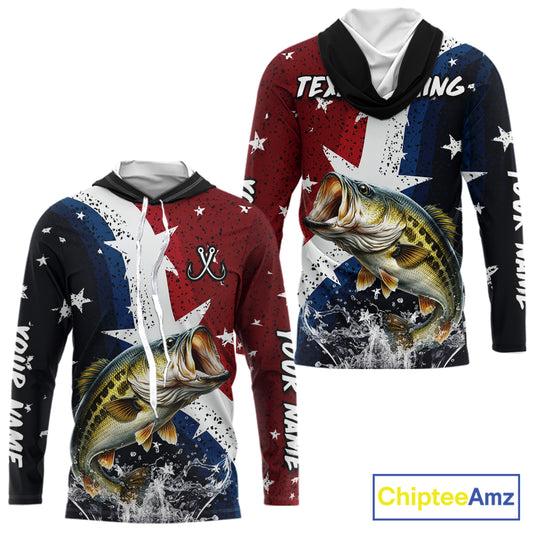 Personalized Texas Flag Bass Fishing Shirt Jerseys, Texas Bass Fishing Shirts Long Sleeve Hooded For Men NHT758