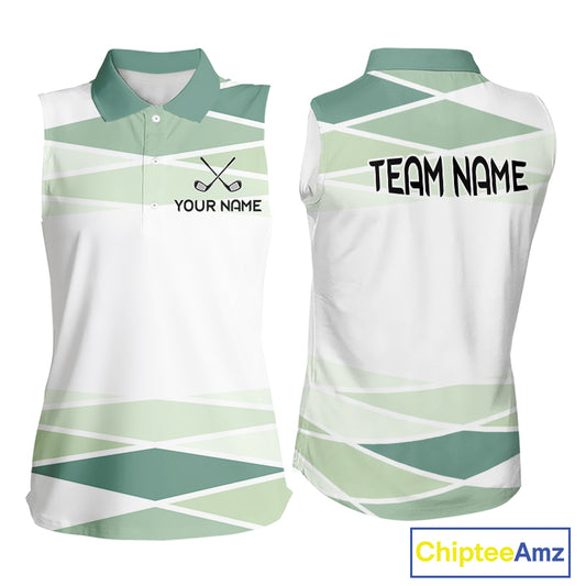 Personalized White Green Geometric Womens Sleeveless Golf Polo Shirt Custom Team Name