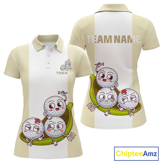 Custom Beige White Womens Golf Team Polo Shirt, Funny Golf Ball Family Design, Matching Team Outfit NHT792