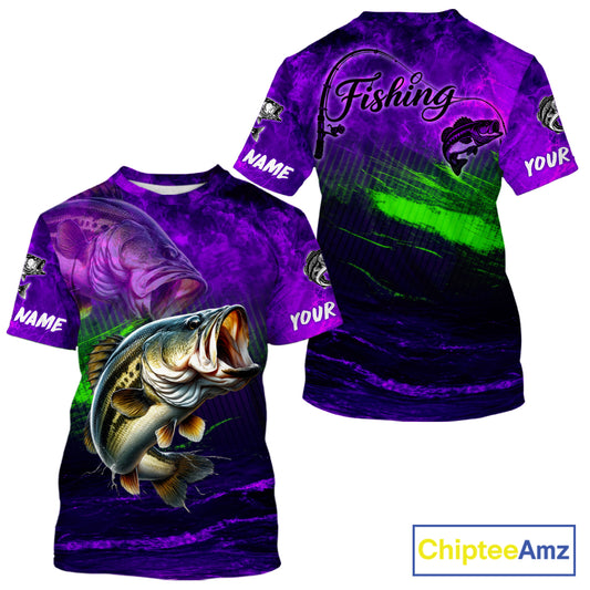 Custom Name Purple Lime Bass Fishing Jersey - Personalized 3D Fishing T - Shirt