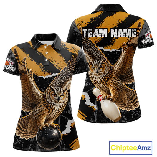 Custom short-sleeve polo shirt with an all-over owl and bowling design, shown in front and back views. The shirt features a black and gold distressed background with a large brown owl graphic, a bowling ball, and customizable text placeholders 'TEAM NAME' and 'YOUR' NAME.