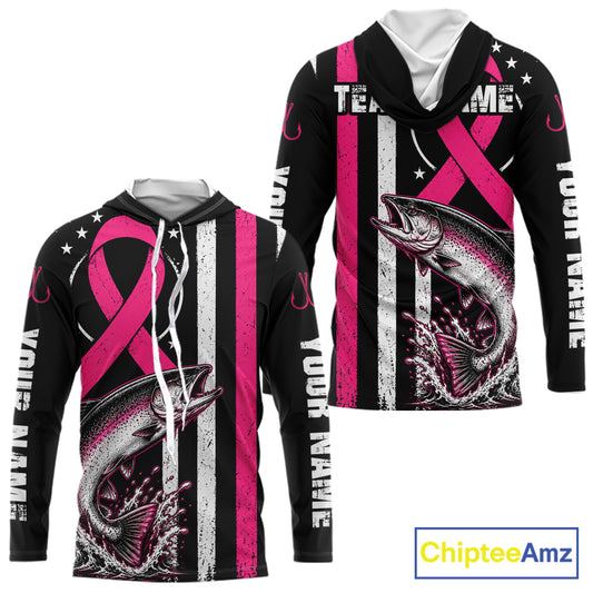 Front and back views of a black long-sleeve hoodie with a pink awareness ribbon, distressed vertical white stripes, a large fish graphic, and customizable white text placeholders on the sleeves and chest, shown on a white background with a ChipteeAmz logo.