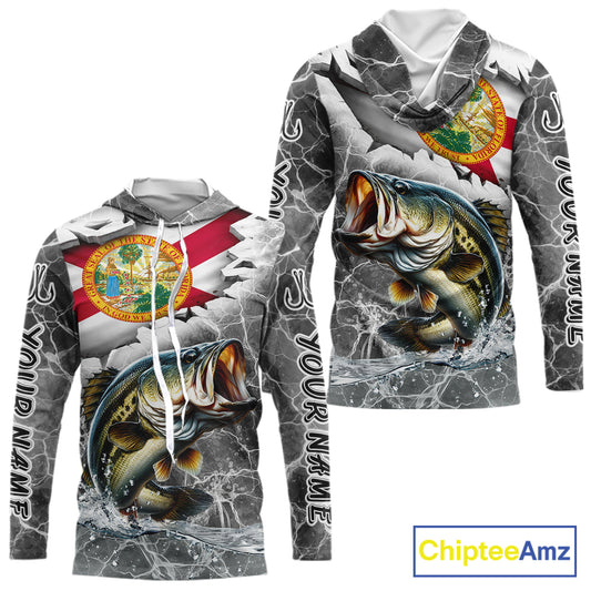 Florida Largemouth Bass Camo Gray Custom Long Sleeve Hooded Performance Fishing Shirts, Florida Flag Fishing Jerseys NHT657