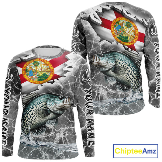 Florida Crappie Camo Gray Custom Long Sleeve Performance Fishing Shirts, Florida Flag Fishing Jerseys NHT658